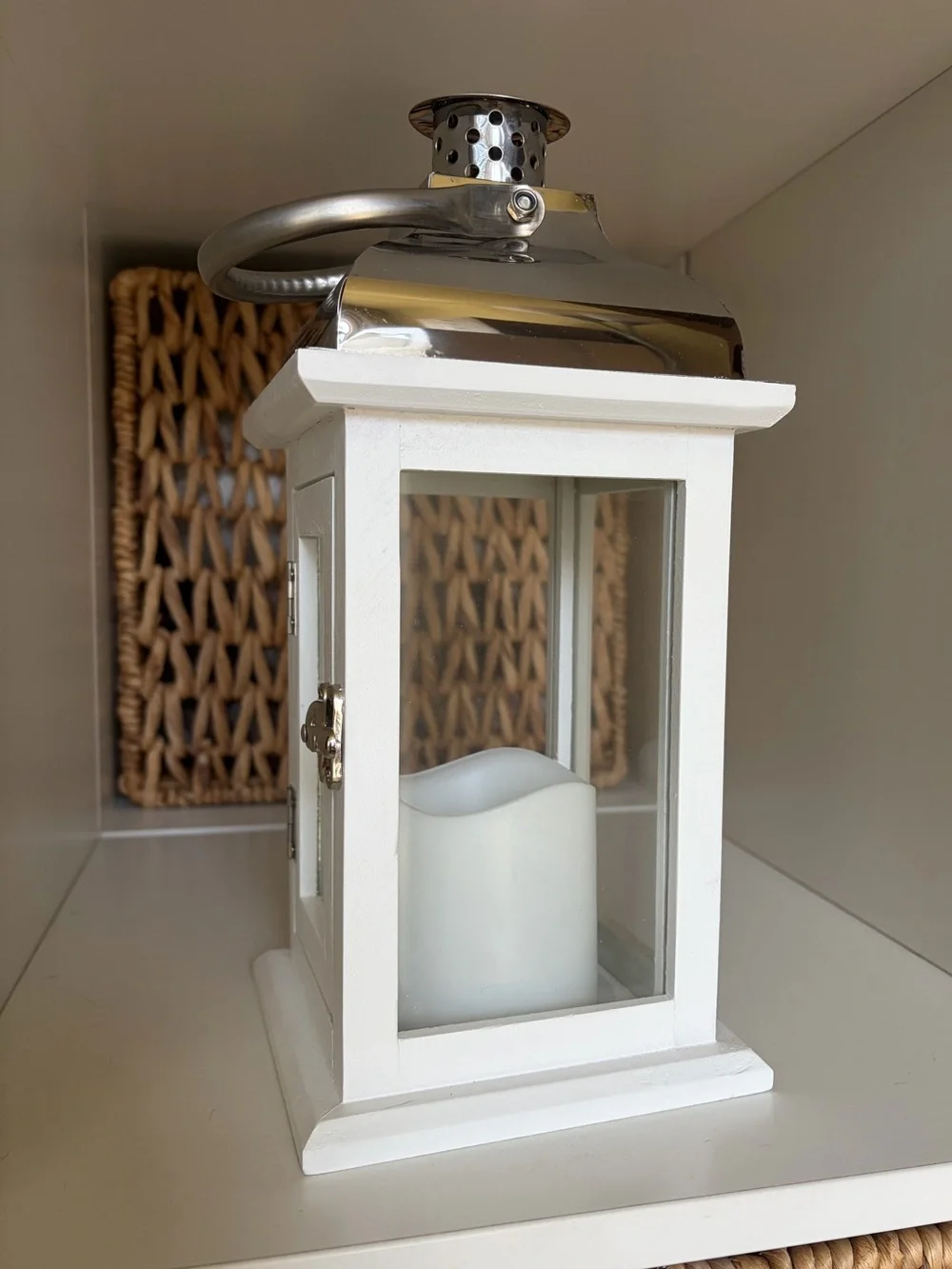 White Wood & Silver Metal Lantern with Flickering Candle